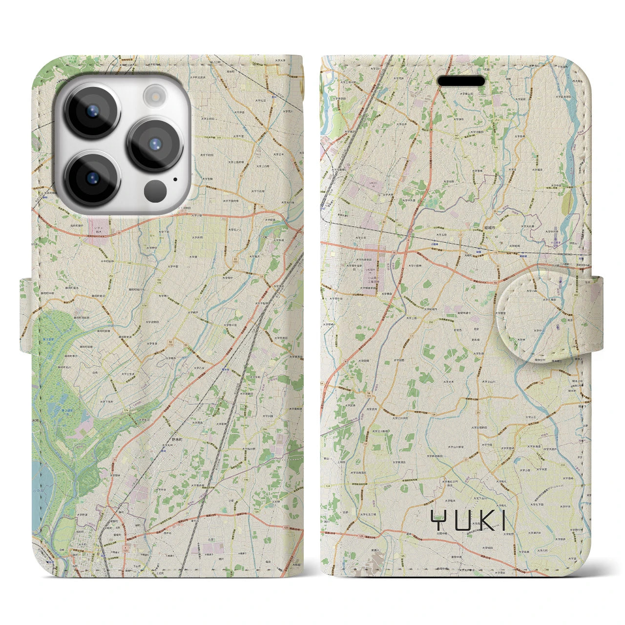 【結城】地図柄iPhoneケース（手帳両面タイプ・ナチュラル）iPhone 14 Pro 用
