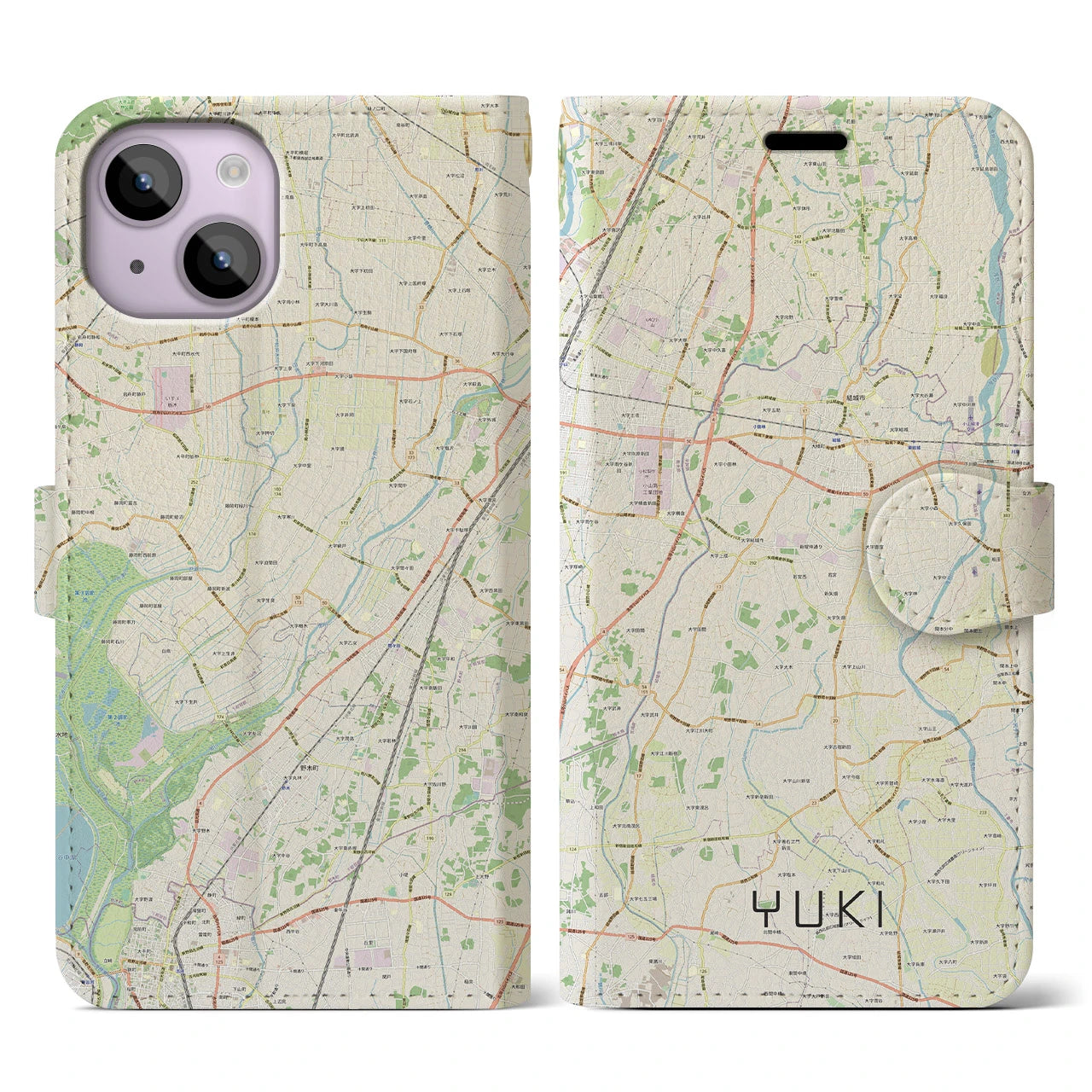 【結城】地図柄iPhoneケース（手帳両面タイプ・ナチュラル）iPhone 14 用