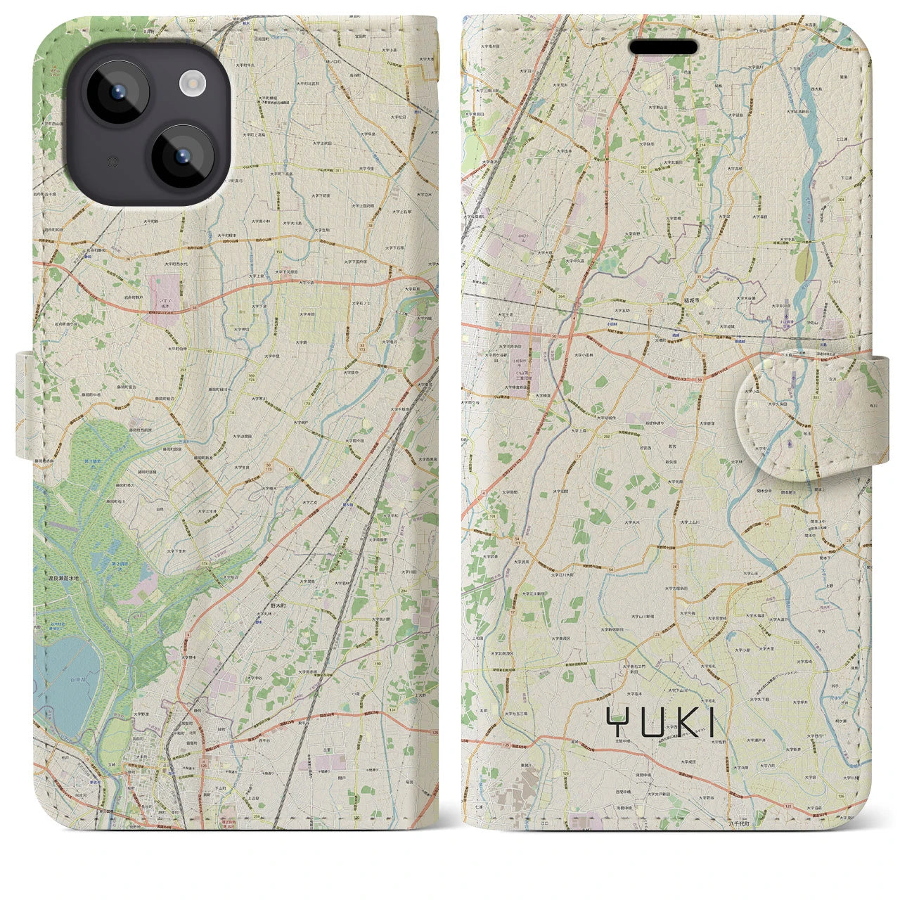 【結城】地図柄iPhoneケース（手帳両面タイプ・ナチュラル）iPhone 14 Plus 用