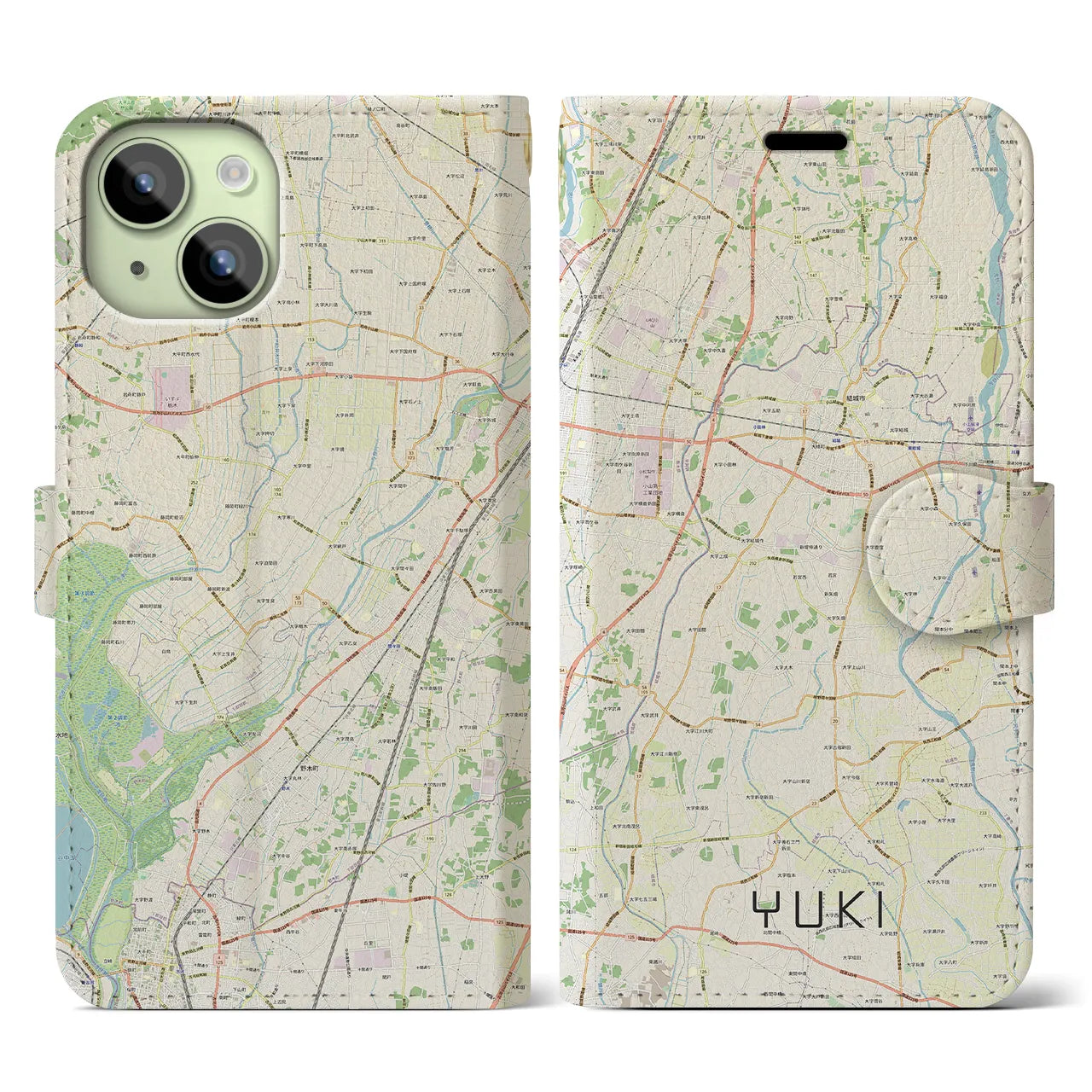 【結城】地図柄iPhoneケース（手帳両面タイプ・ナチュラル）iPhone 15 用