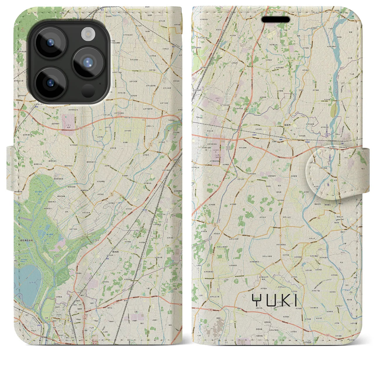 【結城】地図柄iPhoneケース（手帳両面タイプ・ナチュラル）iPhone 15 Pro Max 用