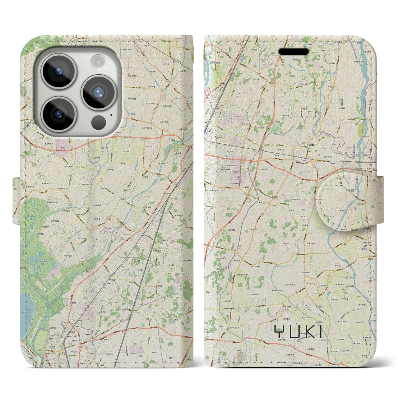 【結城】地図柄iPhoneケース（手帳両面タイプ・ナチュラル）iPhone 15 Pro 用