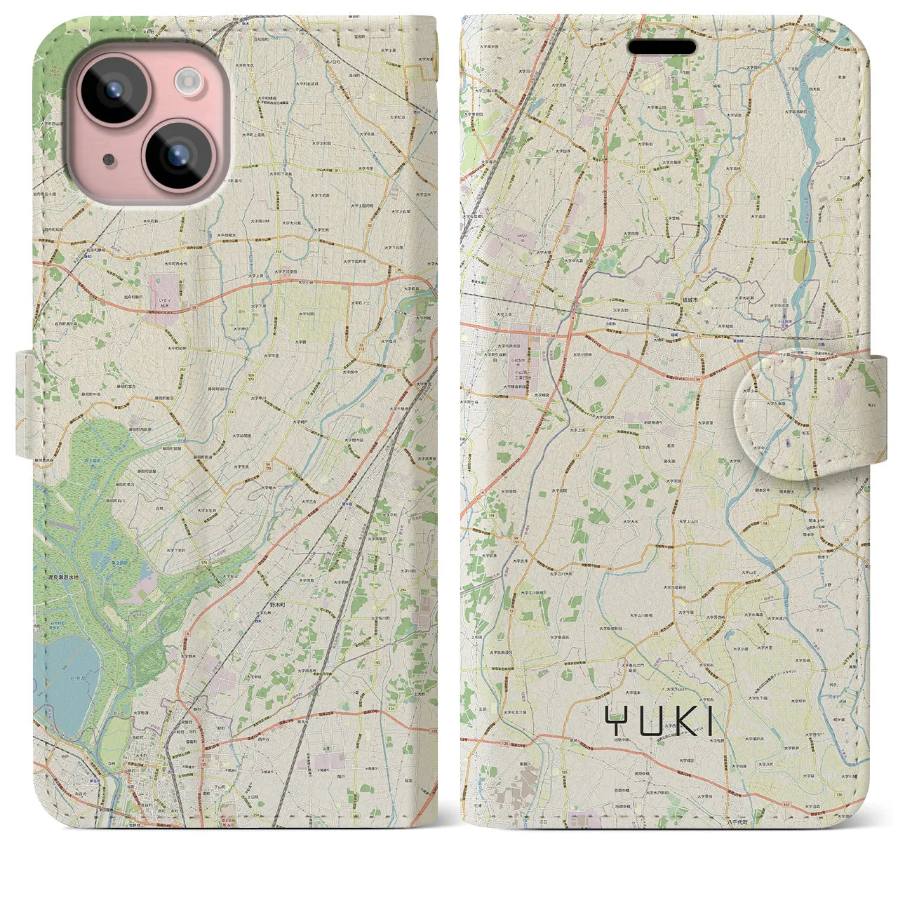 【結城】地図柄iPhoneケース（手帳両面タイプ・ナチュラル）iPhone 15 Plus 用