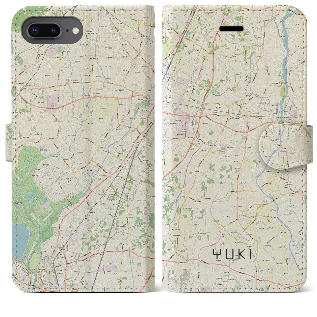 【結城】地図柄iPhoneケース（手帳両面タイプ・ナチュラル）iPhone 8Plus /7Plus / 6sPlus / 6Plus 用