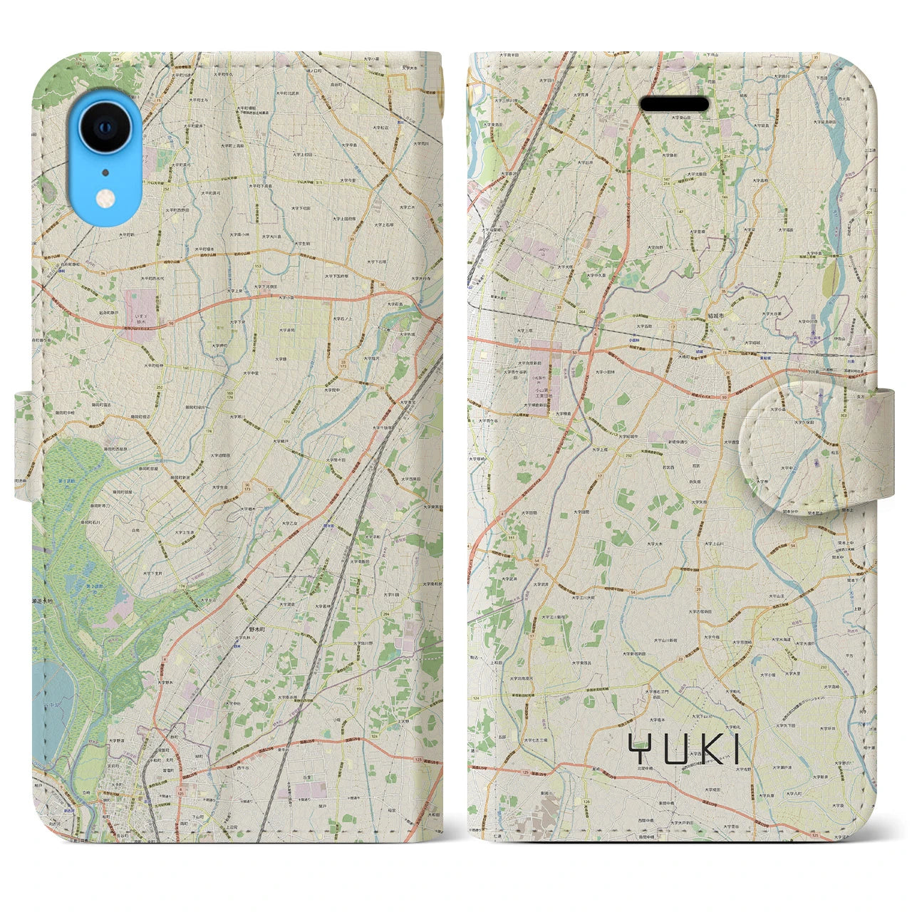 【結城】地図柄iPhoneケース（手帳両面タイプ・ナチュラル）iPhone XR 用