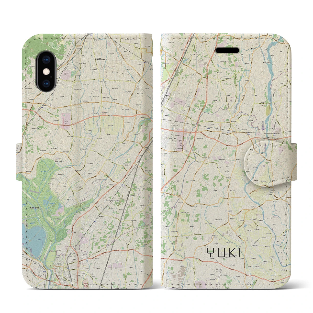 【結城】地図柄iPhoneケース（手帳両面タイプ・ナチュラル）iPhone XS / X 用