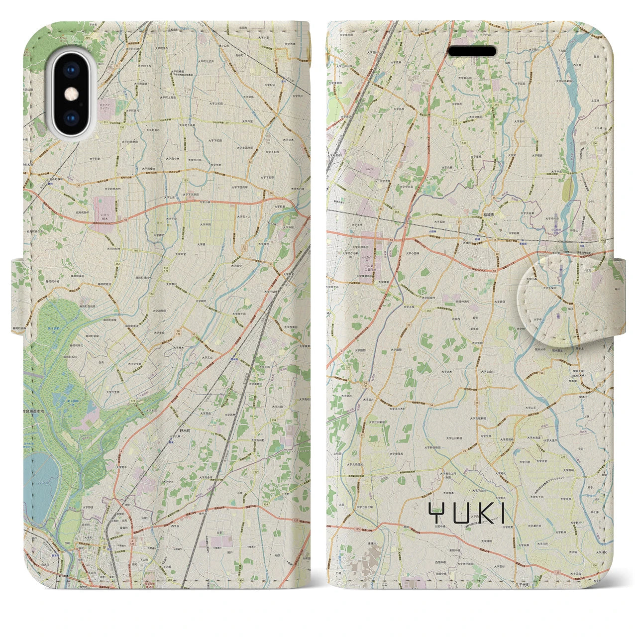 【結城】地図柄iPhoneケース（手帳両面タイプ・ナチュラル）iPhone XS Max 用