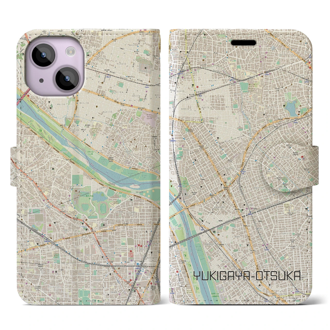 【雪が谷大塚】地図柄iPhoneケース（手帳両面タイプ・ナチュラル）iPhone 14 用