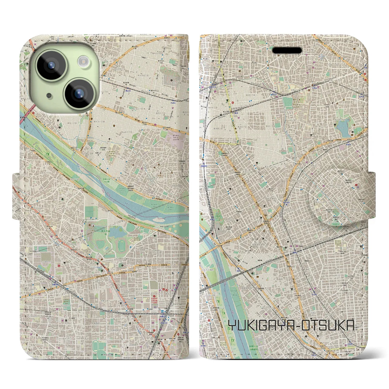 【雪が谷大塚】地図柄iPhoneケース（手帳両面タイプ・ナチュラル）iPhone 15 用