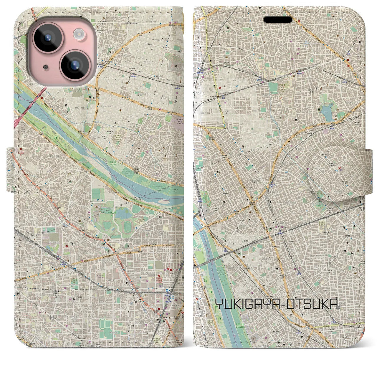 【雪が谷大塚】地図柄iPhoneケース（手帳両面タイプ・ナチュラル）iPhone 15 Plus 用