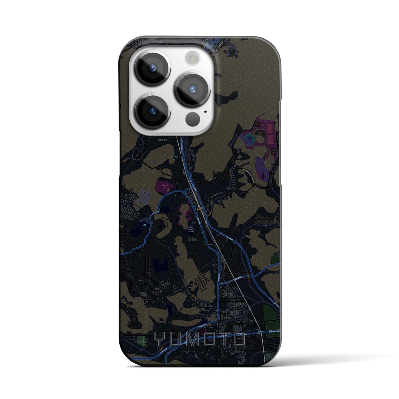 【湯本】地図柄iPhoneケース（バックカバータイプ・ブラック）iPhone 14 Pro 用
