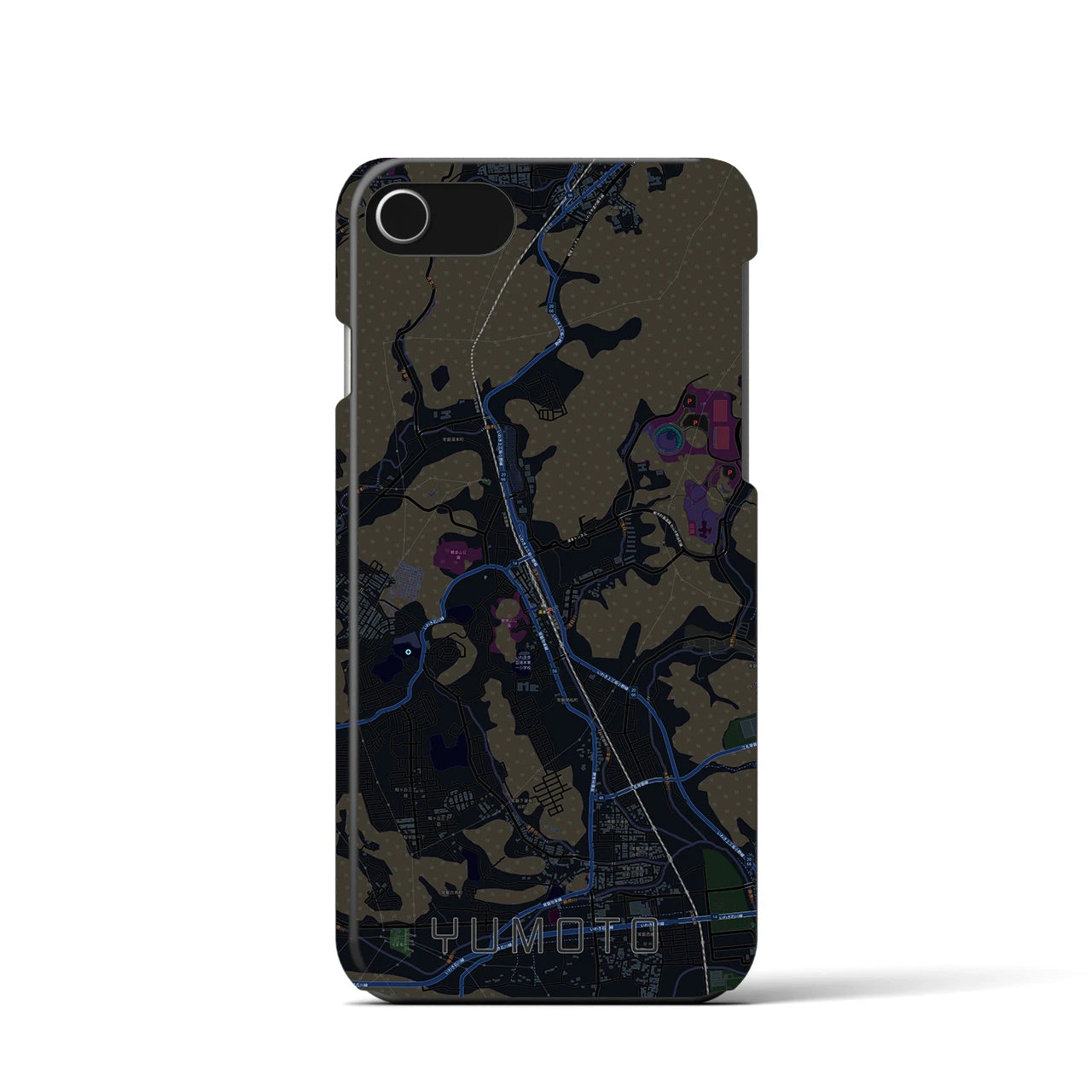【湯本】地図柄iPhoneケース（バックカバータイプ・ブラック）iPhone SE（第3 / 第2世代） / 8 / 7 / 6s / 6 用