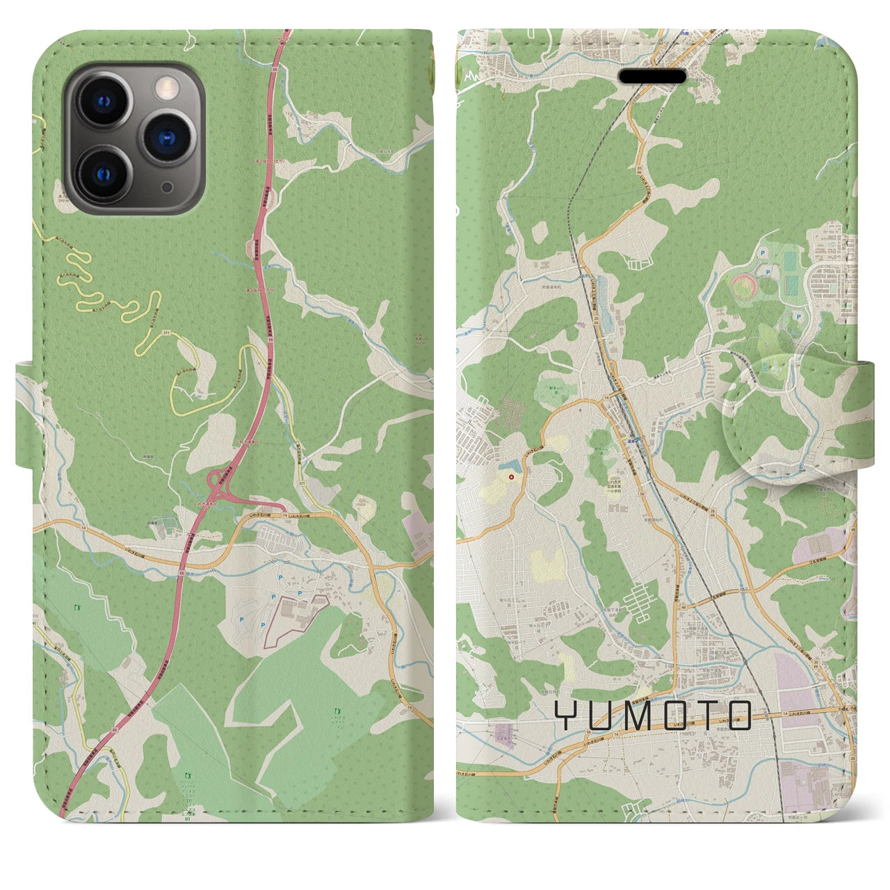 【湯本】地図柄iPhoneケース（手帳両面タイプ・ナチュラル）iPhone 11 Pro Max 用