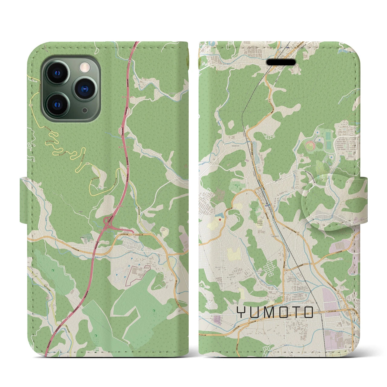 【湯本】地図柄iPhoneケース（手帳両面タイプ・ナチュラル）iPhone 11 Pro 用
