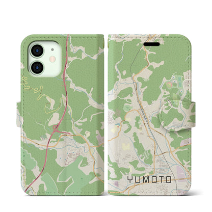 【湯本（福島県）】地図柄iPhoneケース（手帳タイプ）ナチュラル・iPhone 12 mini 用