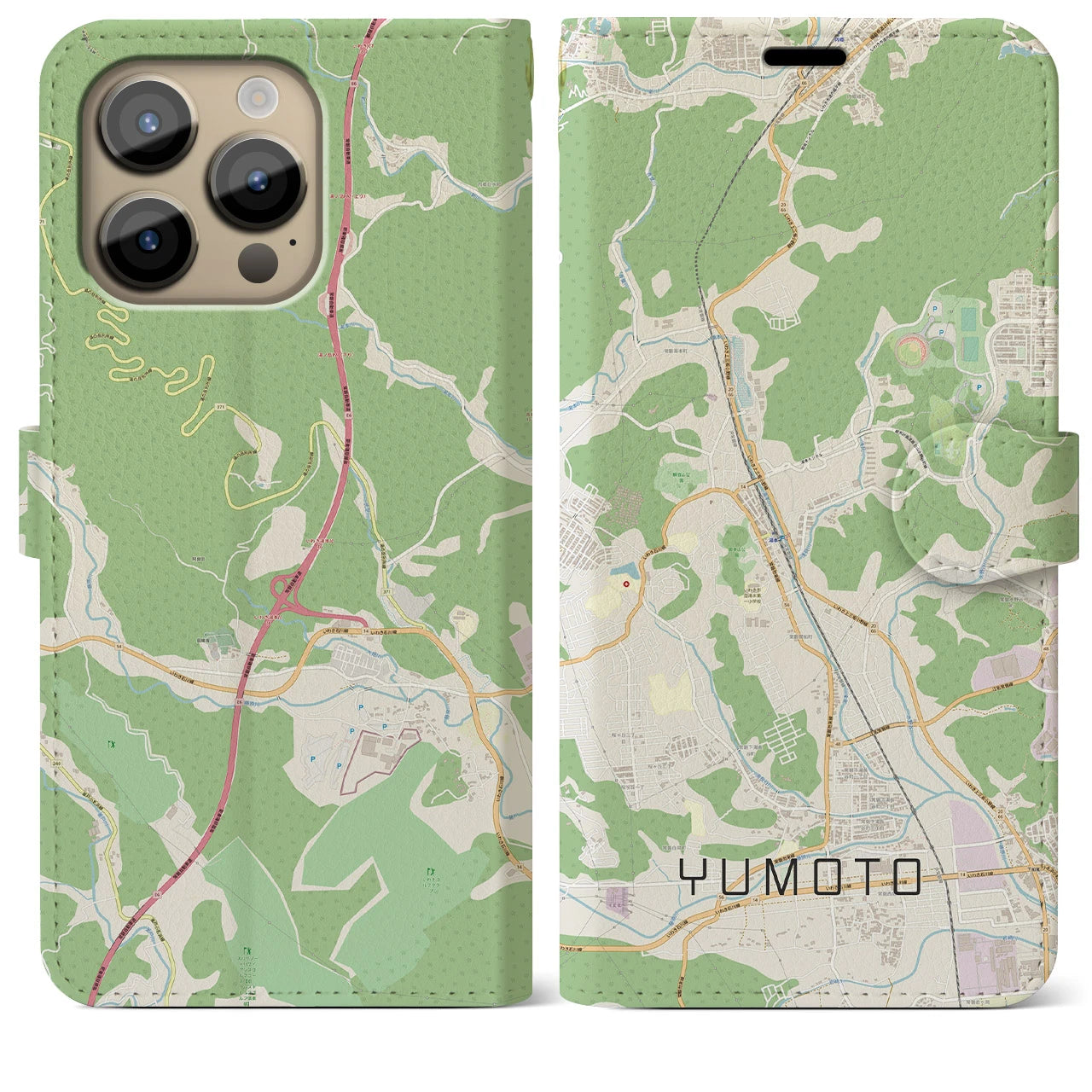 【湯本】地図柄iPhoneケース（手帳両面タイプ・ナチュラル）iPhone 14 Pro Max 用