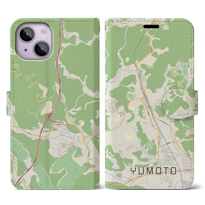 【湯本（福島県）】地図柄iPhoneケース（手帳タイプ）ナチュラル・iPhone 14 用