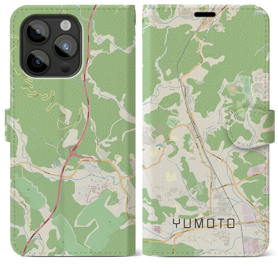 【湯本】地図柄iPhoneケース（手帳両面タイプ・ナチュラル）iPhone 15 Pro Max 用