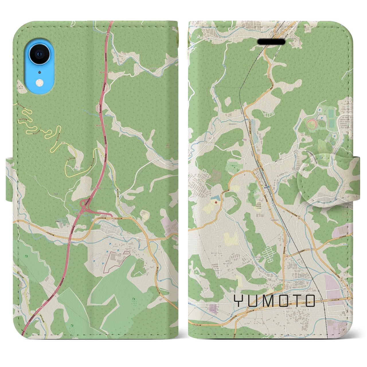 【湯本】地図柄iPhoneケース（手帳両面タイプ・ナチュラル）iPhone XR 用