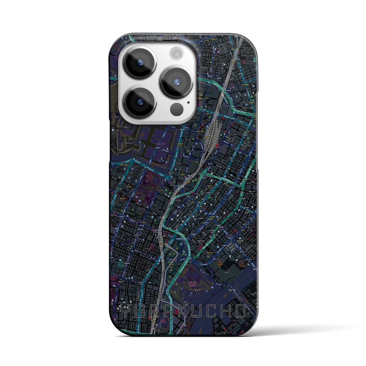 【有楽町】地図柄iPhoneケース（バックカバータイプ・ブラック）iPhone 14 Pro 用