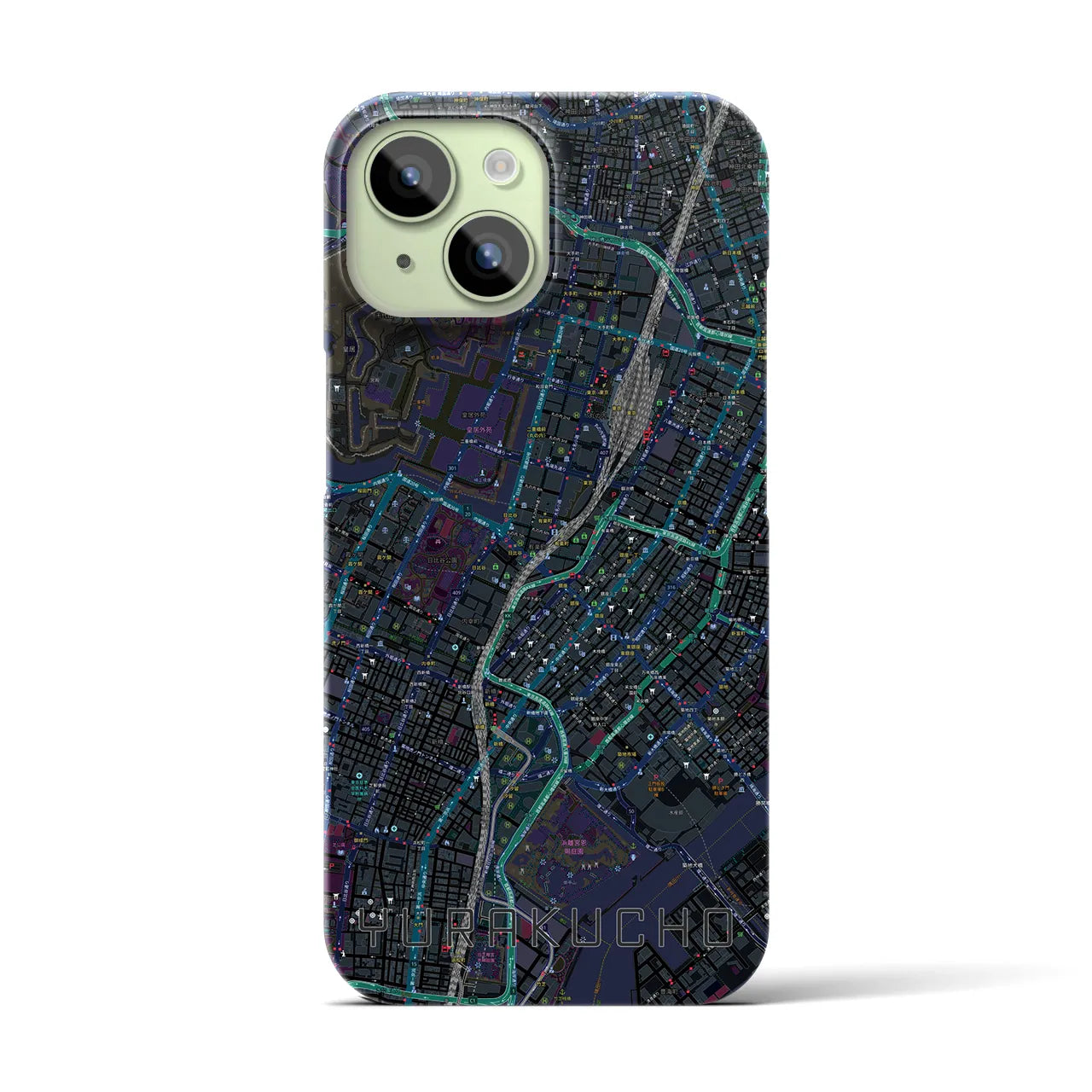 【有楽町】地図柄iPhoneケース（バックカバータイプ・ブラック）iPhone 15 用