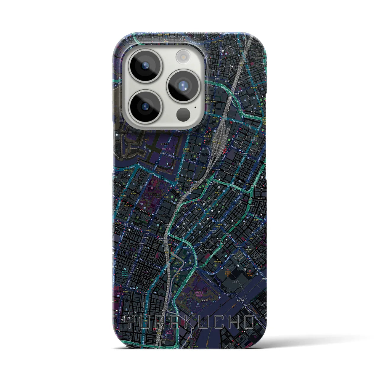 【有楽町】地図柄iPhoneケース（バックカバータイプ・ブラック）iPhone 15 Pro 用