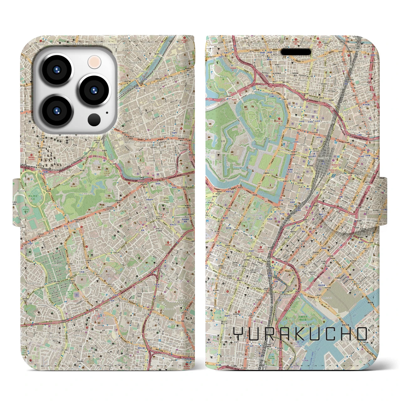 【有楽町】地図柄iPhoneケース（手帳両面タイプ・ナチュラル）iPhone 13 Pro 用