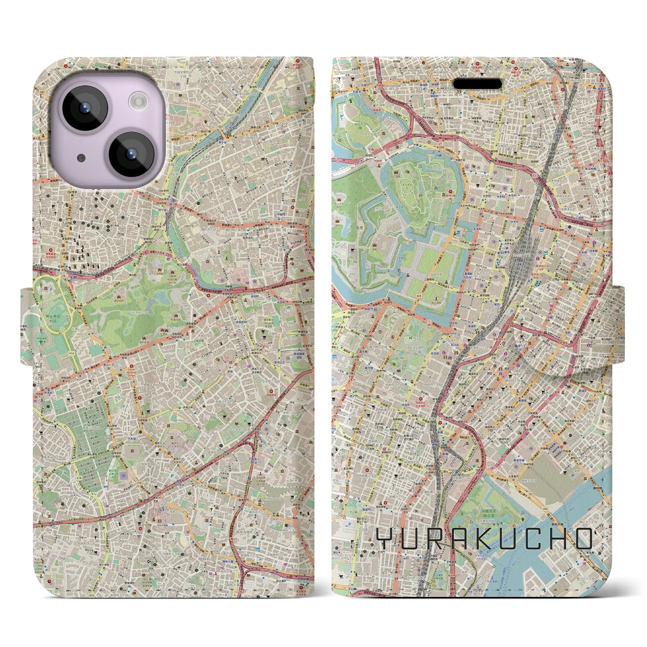 【有楽町】地図柄iPhoneケース（手帳両面タイプ・ナチュラル）iPhone 14 用