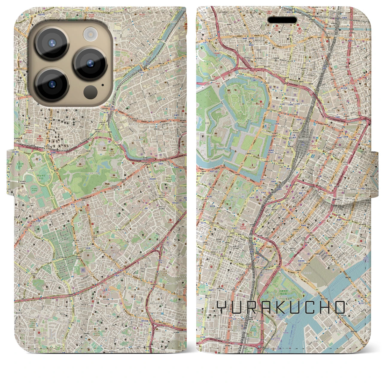 【有楽町】地図柄iPhoneケース（手帳両面タイプ・ナチュラル）iPhone 14 Pro Max 用