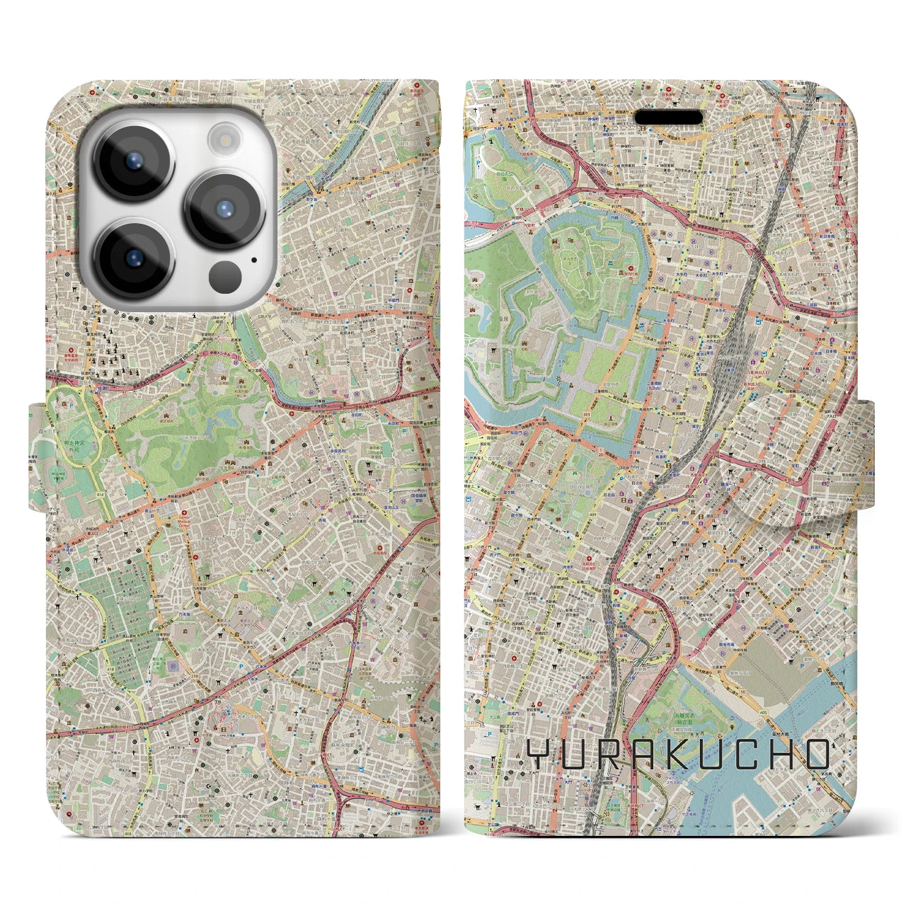 【有楽町】地図柄iPhoneケース（手帳両面タイプ・ナチュラル）iPhone 14 Pro 用