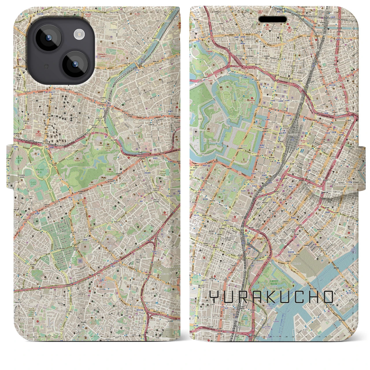 【有楽町】地図柄iPhoneケース（手帳両面タイプ・ナチュラル）iPhone 14 Plus 用