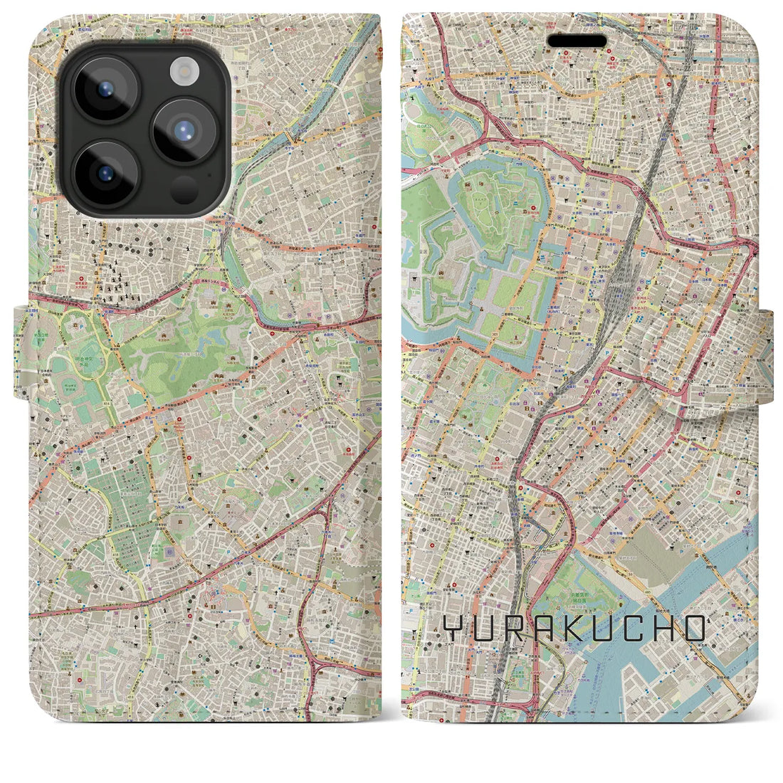 【有楽町】地図柄iPhoneケース（手帳両面タイプ・ナチュラル）iPhone 15 Pro Max 用