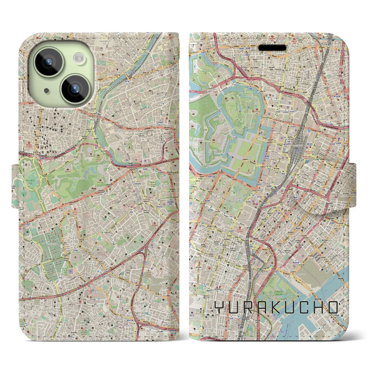 【有楽町】地図柄iPhoneケース（手帳両面タイプ・ナチュラル）iPhone 15 用