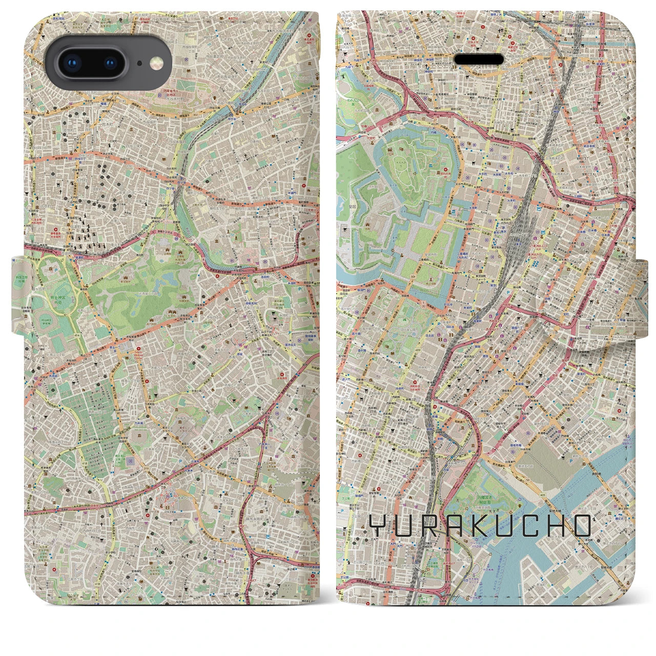 【有楽町】地図柄iPhoneケース（手帳両面タイプ・ナチュラル）iPhone 8Plus /7Plus / 6sPlus / 6Plus 用