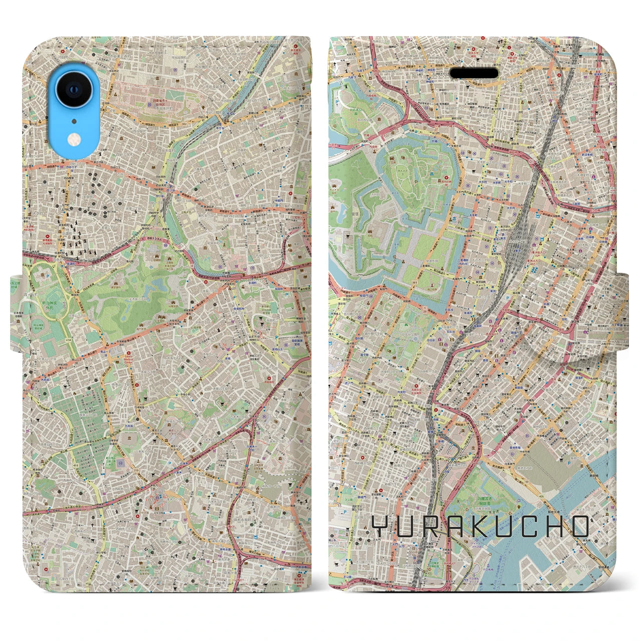 【有楽町】地図柄iPhoneケース（手帳両面タイプ・ナチュラル）iPhone XR 用