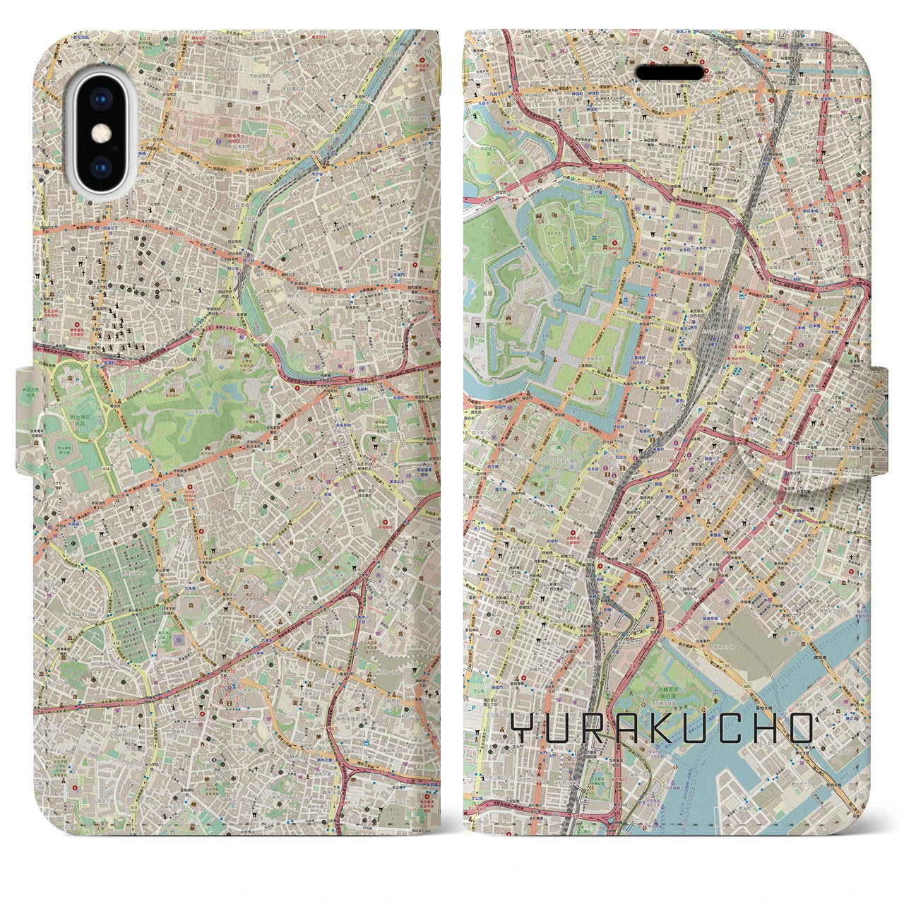 【有楽町】地図柄iPhoneケース（手帳両面タイプ・ナチュラル）iPhone XS Max 用
