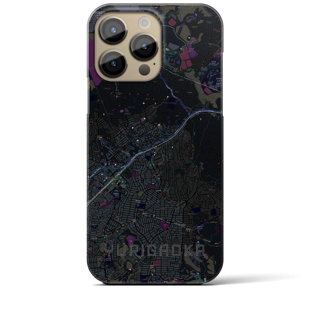 【百合ヶ丘】地図柄iPhoneケース（バックカバータイプ・ブラック）iPhone 14 Pro Max 用
