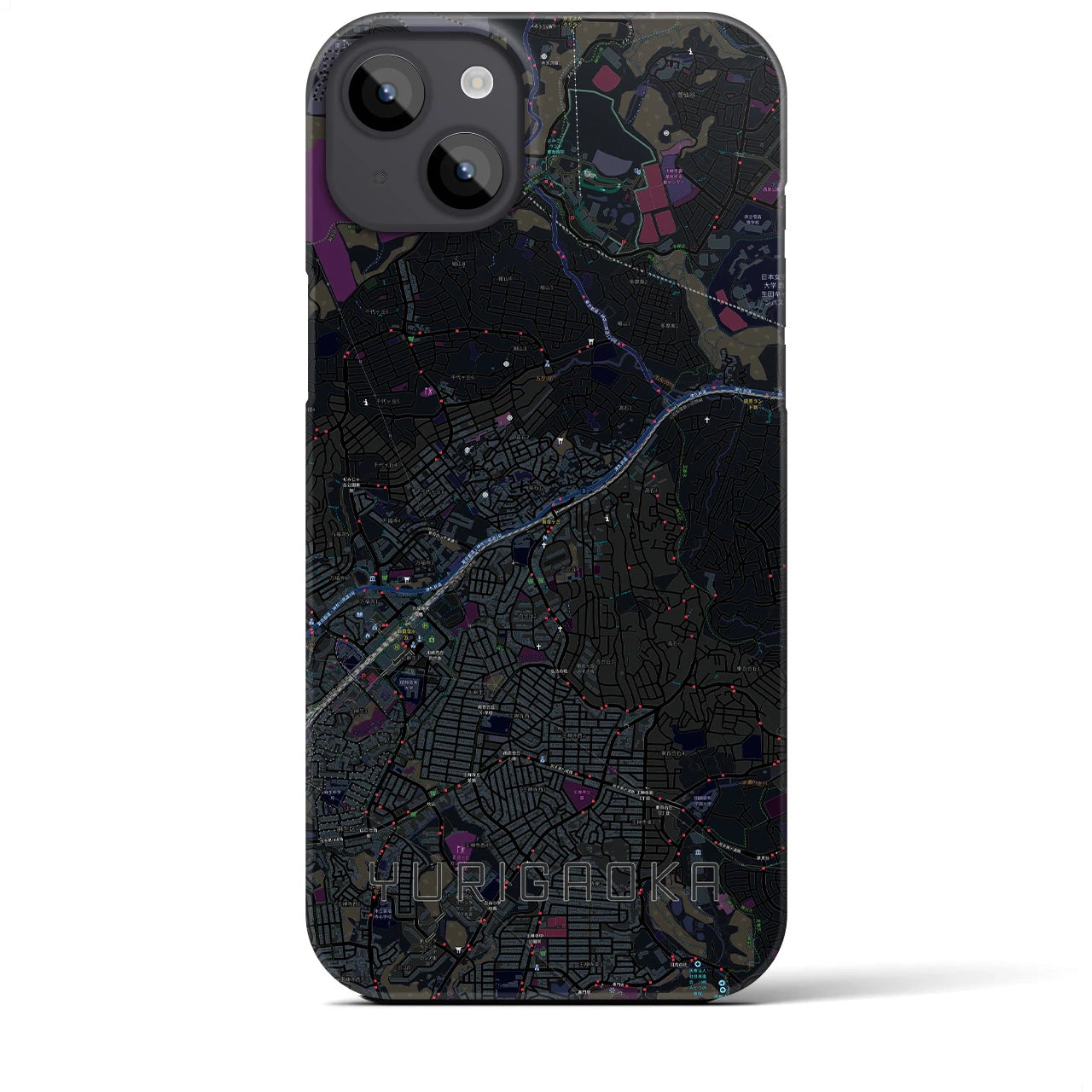 【百合ヶ丘】地図柄iPhoneケース（バックカバータイプ・ブラック）iPhone 14 Plus 用