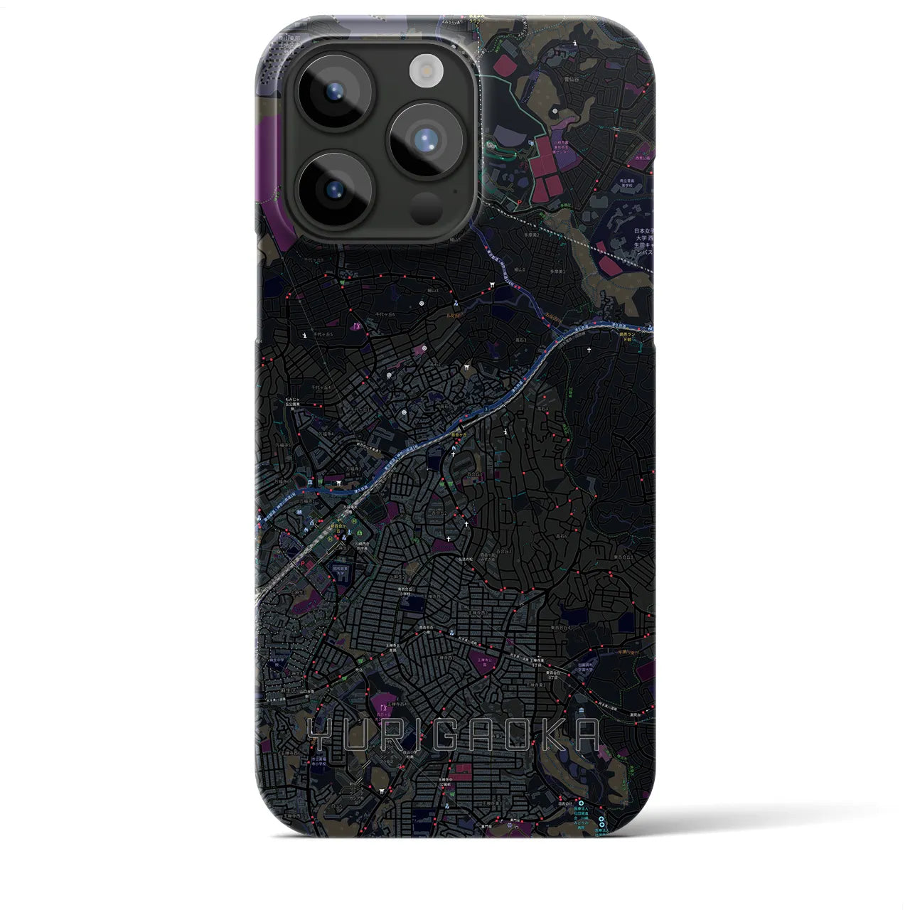 【百合ヶ丘】地図柄iPhoneケース（バックカバータイプ・ブラック）iPhone 15 Pro Max 用