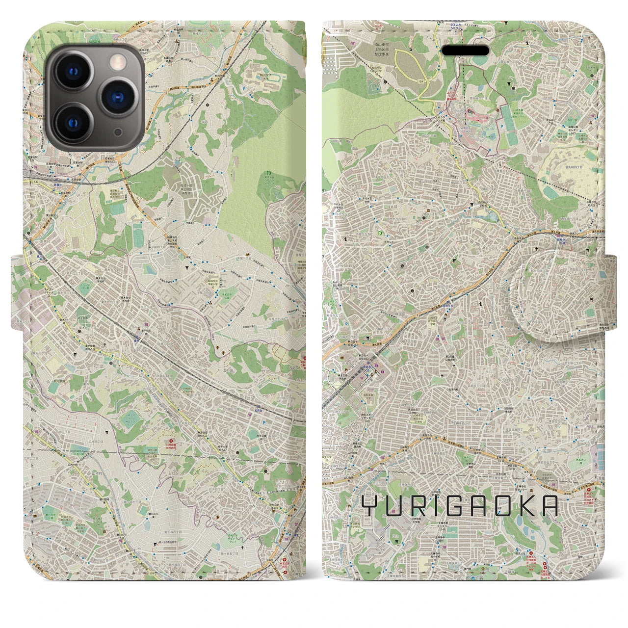 【百合ヶ丘】地図柄iPhoneケース（手帳両面タイプ・ナチュラル）iPhone 11 Pro Max 用