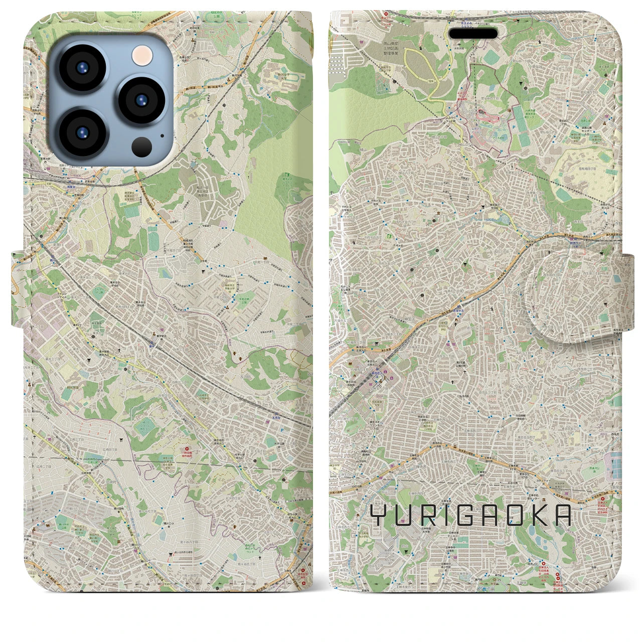 【百合ヶ丘】地図柄iPhoneケース（手帳両面タイプ・ナチュラル）iPhone 13 Pro Max 用