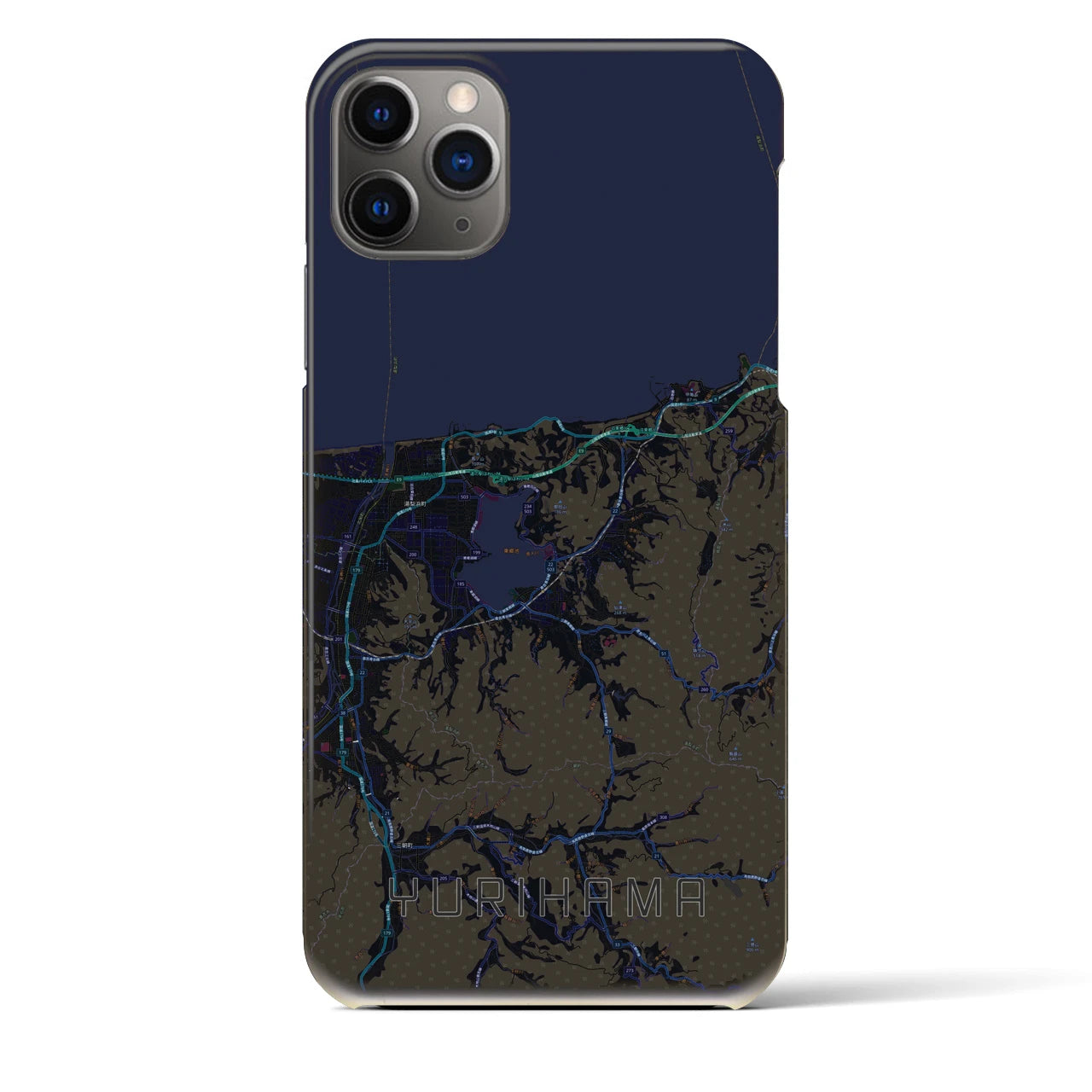 【湯梨浜】地図柄iPhoneケース（バックカバータイプ・ブラック）iPhone 11 Pro Max 用