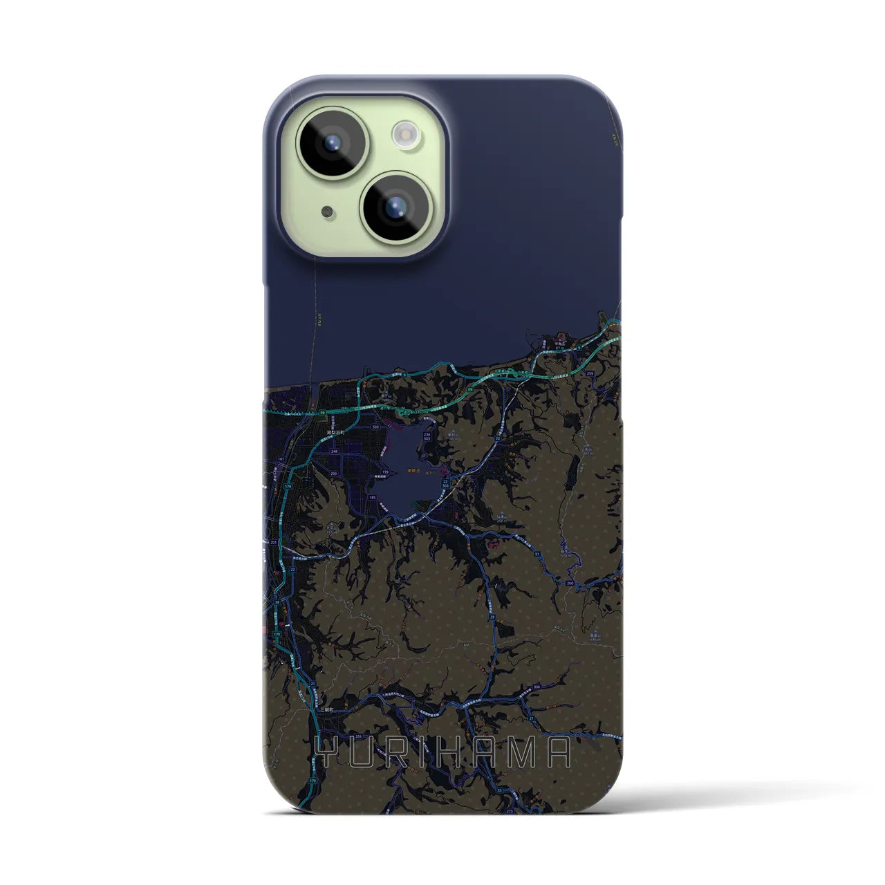 【湯梨浜】地図柄iPhoneケース（バックカバータイプ・ブラック）iPhone 15 用
