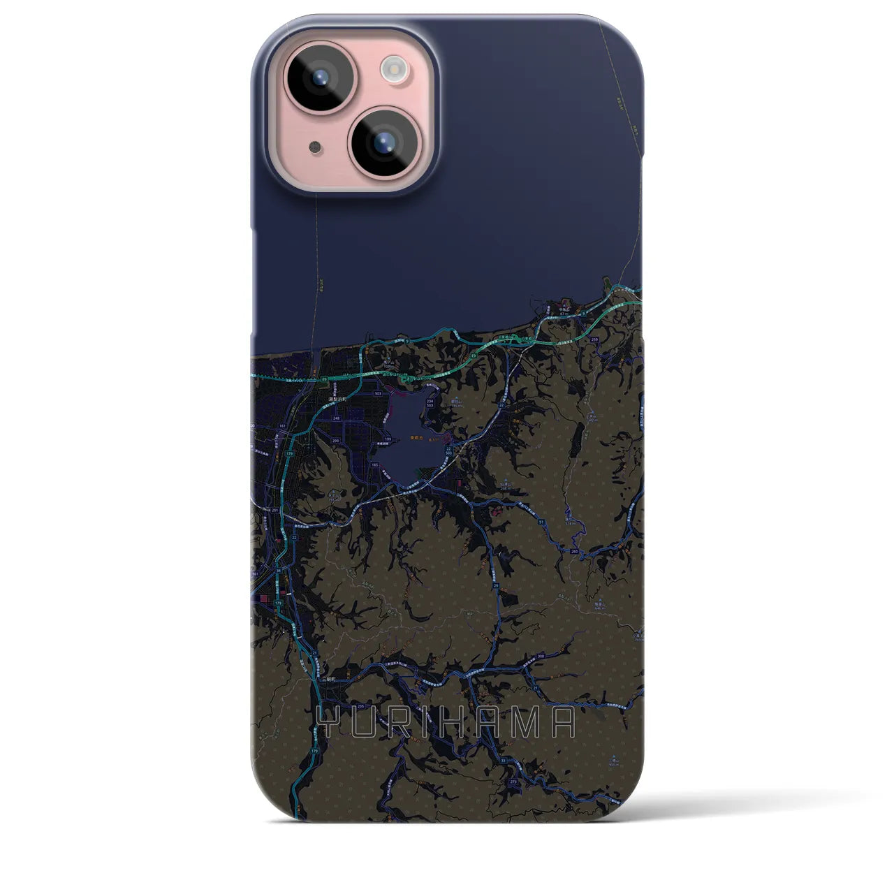 【湯梨浜】地図柄iPhoneケース（バックカバータイプ・ブラック）iPhone 15 Plus 用
