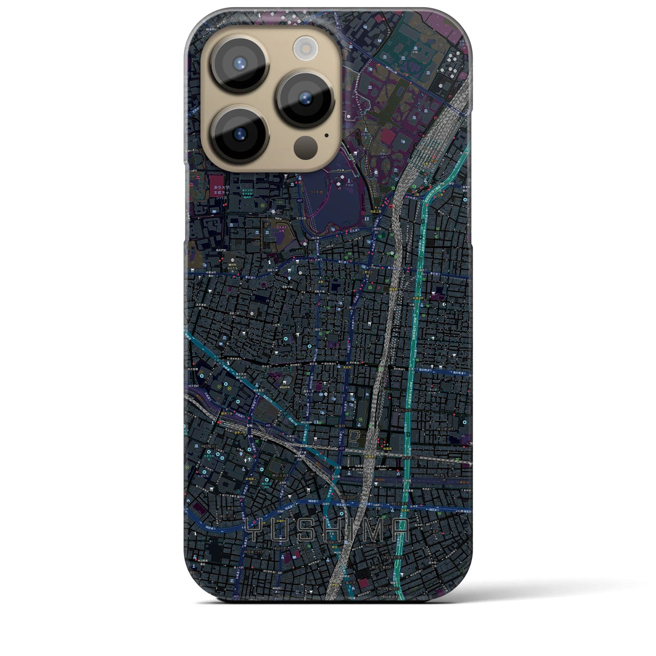 【湯島】地図柄iPhoneケース（バックカバータイプ・ブラック）iPhone 14 Pro Max 用
