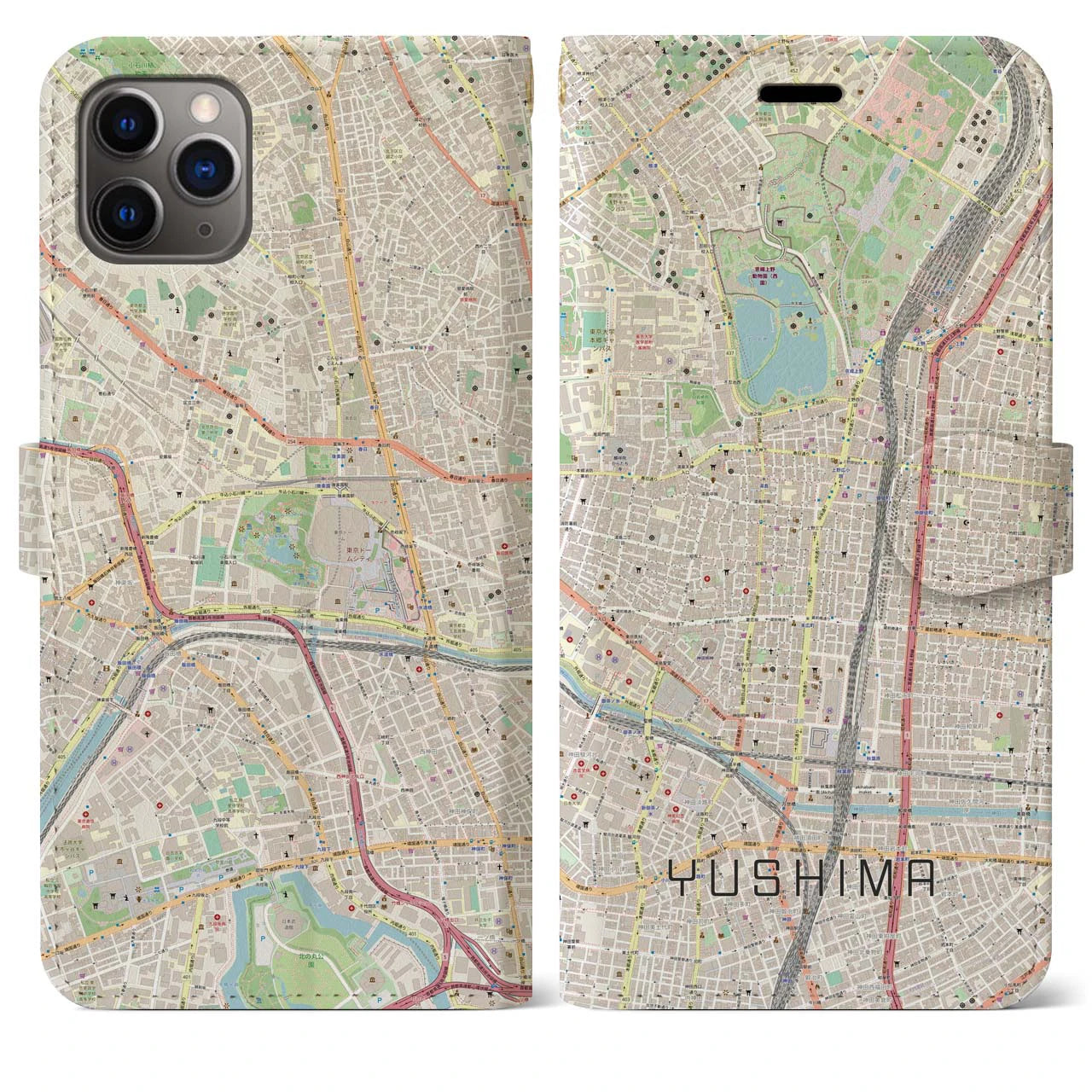 【湯島】地図柄iPhoneケース（手帳両面タイプ・ナチュラル）iPhone 11 Pro Max 用