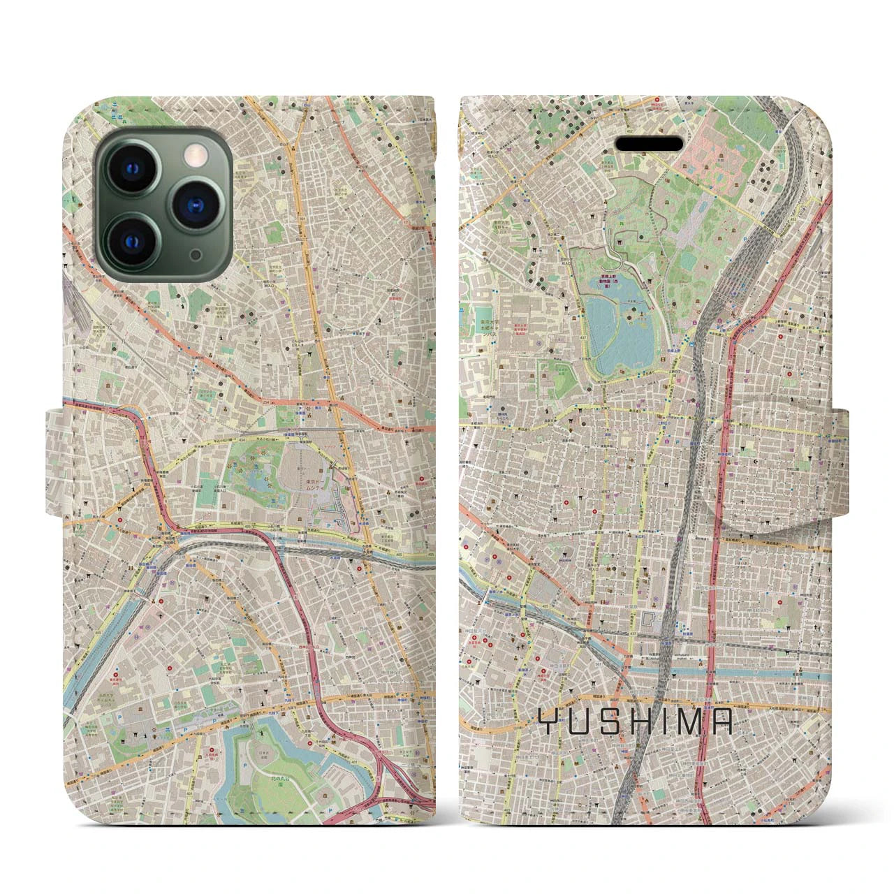 【湯島】地図柄iPhoneケース（手帳両面タイプ・ナチュラル）iPhone 11 Pro 用