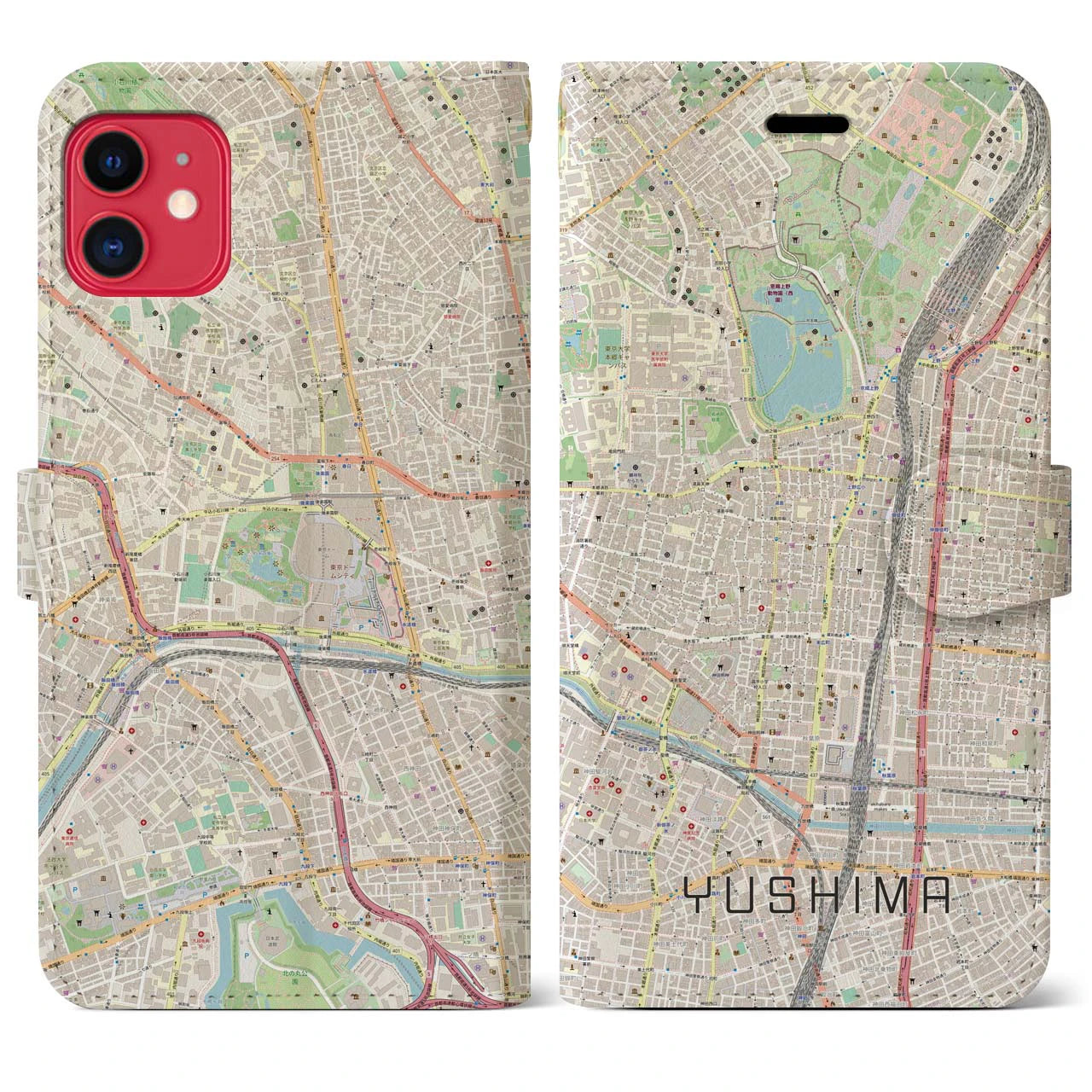 【湯島】地図柄iPhoneケース（手帳両面タイプ・ナチュラル）iPhone 11 用