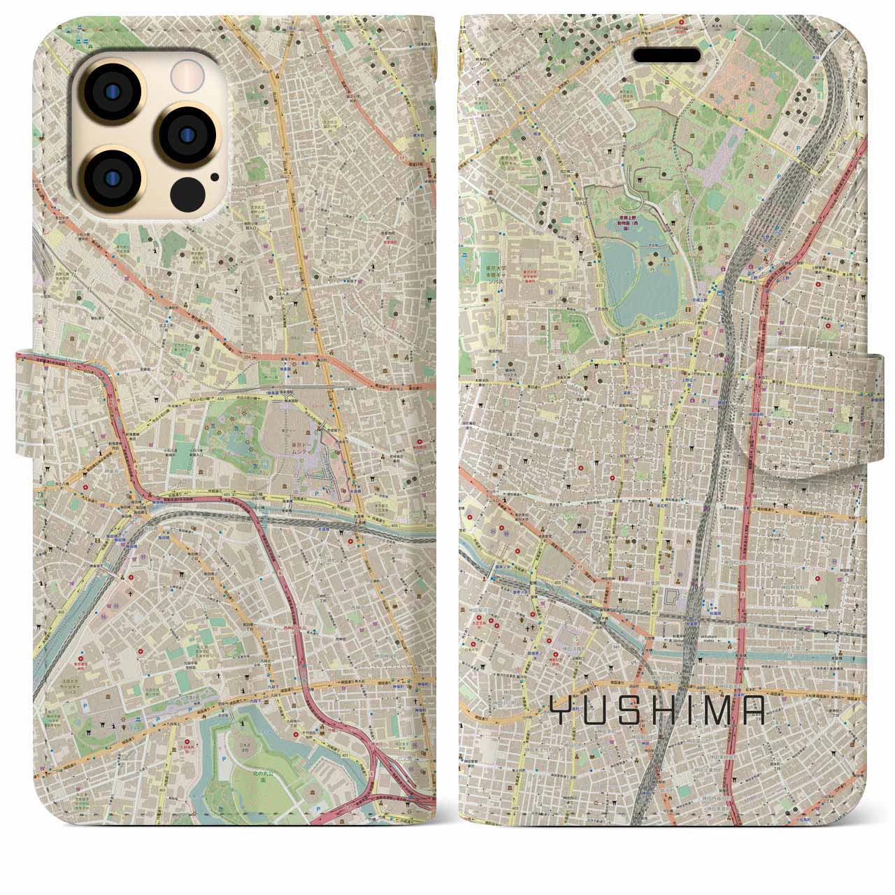 【湯島】地図柄iPhoneケース（手帳両面タイプ・ナチュラル）iPhone 12 Pro Max 用