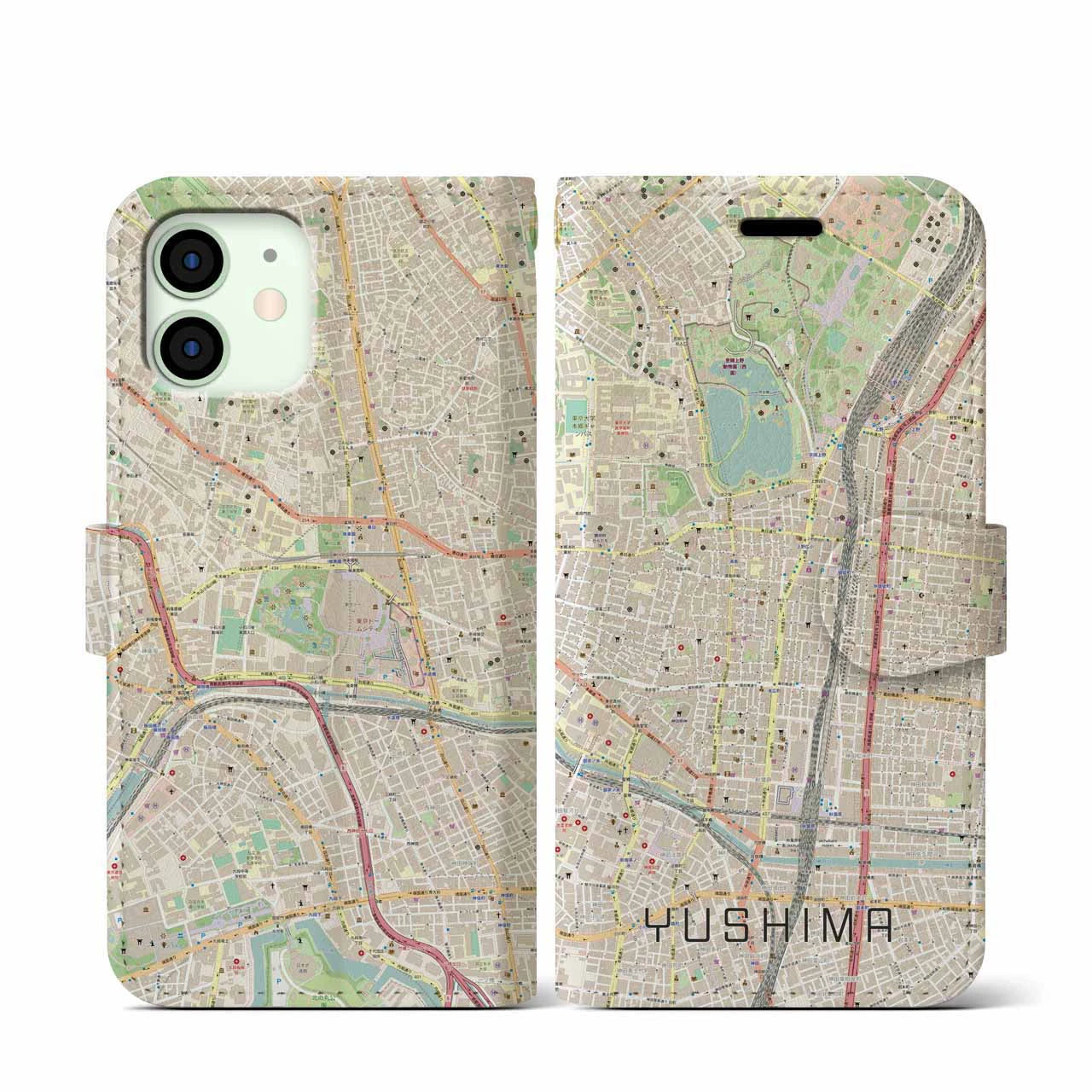 【湯島】地図柄iPhoneケース（手帳両面タイプ・ナチュラル）iPhone 12 mini 用